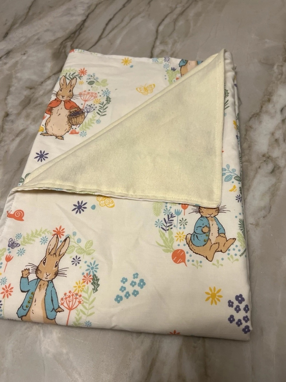 Peter Rabbit Baby Blanket, NEW, Handmade, ~ 39” X 42” Light Yellow Flannel Back